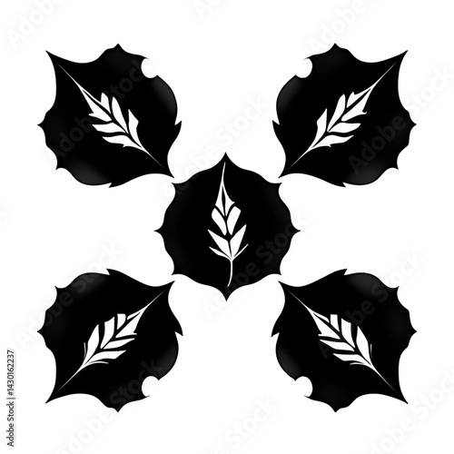 A collection of black leaf silhouettes of various shapes, including oval, heart-shaped, and jagged edges, all against a white background