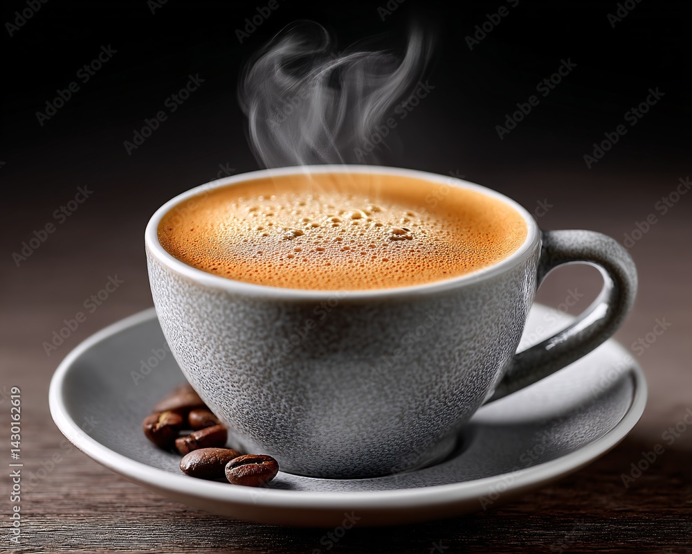 Fototapeta premium Warm espresso cup with gentle steam rising, natural wood background, soft glowing light from window, comfort morning routine, editorial-style food photo, shallow focus