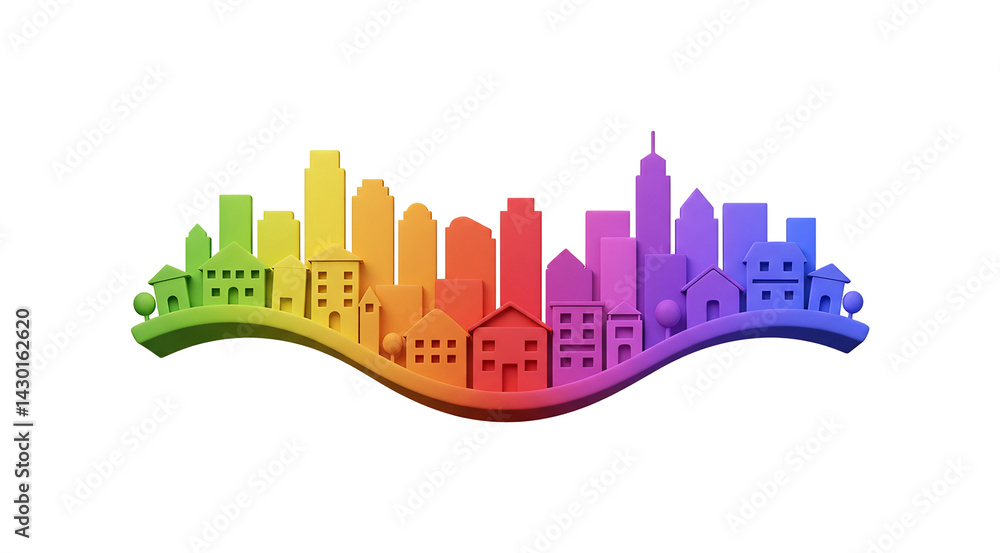 Naklejka premium 虹色街並み 優しい曲線 鮮やか風景