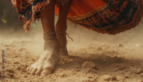 Close-up of a barefoot dancer's feet stirring dust while wearing a traditional patterned skirt during a vibrant cultural ceremony on sunlit sandy terrain photo