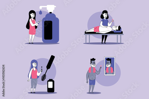 Collection fof individuals engaged in beauty routines, including skincare application, massage, and grooming. Self-care activities concept