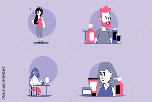 Set of individuals engaged in various beauty activities. Passion for beauty and self-expression among concept