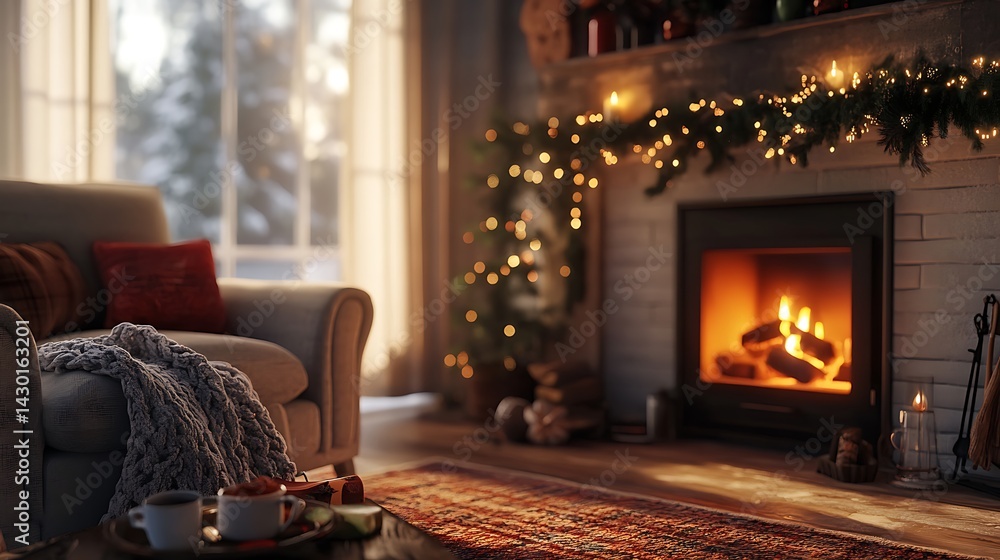 Fototapeta premium Cozy living room with a crackling fireplace, adorned with Christmas lights, creating a warm and inviting winter atmosphere. Winter solace