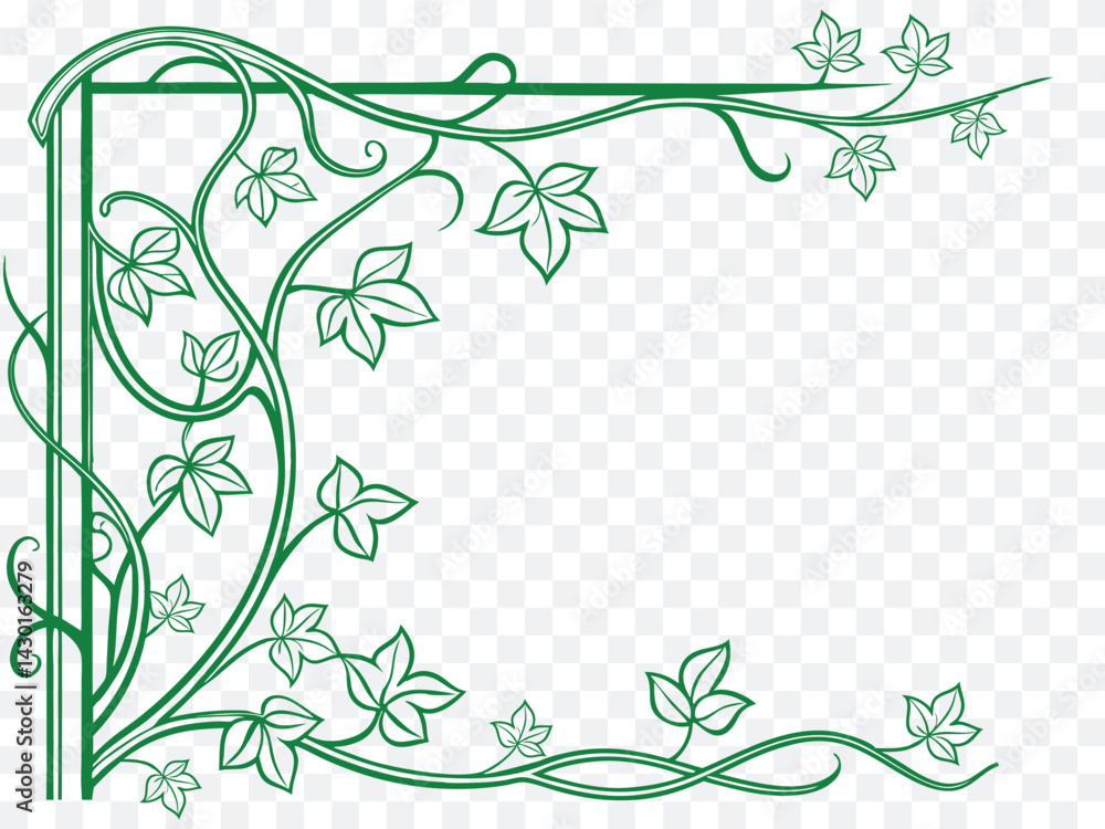 Decorative green ivy corner border design with curling vines and elegant leaves, perfect for invitations, nature-themed frames, eco art templates, or botanical print projects.