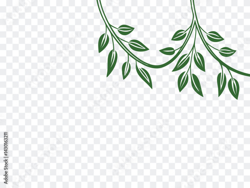 Green leafy vine border design with natural branches hanging from the top, perfect for botanical frames, eco-themed invitations, and nature-inspired graphic projects on transparent backgrounds.