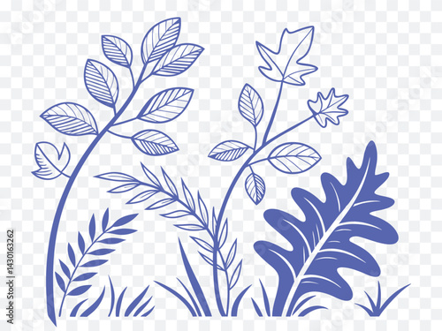 Hand-drawn leafy foliage set in blue outline style with botanical variety and artistic simplicity, perfect for natural design elements, eco decorations, cards, and elegant templates.