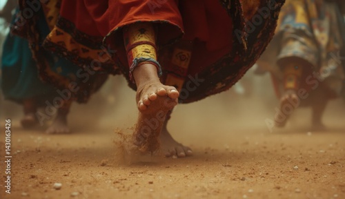 Feet and legs of traditionally dressed dancers kicking up dust while performing on dry earth during the Umhlanga Reed Dance event in a rural setting