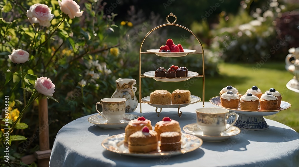 Fototapeta premium Three-tiered serving stand with scones and fresh berries.