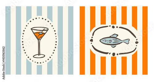 Hand drawn vector ink doodle martini glass with olive and sardine fish illustration. Trendy tropical block print vertical stripe background.  Boho, beach, coastal  card template.