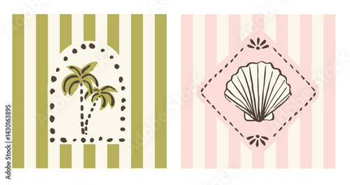 Hand drawn vector ink doodle palm trees and seashell illustration. Trendy tropical block print vertical stripe background.  Boho, beach, coastal  card template.