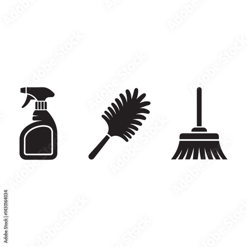 A vector illustration shows an isolated blue and red mop with a black handle alongside a cleaning brush, essential tools for housework and keeping the floor clean