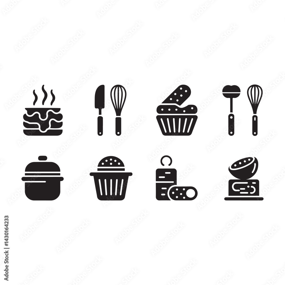 A vector icon set features diverse food and drink symbols, including coffee cup, wine glass, and cake silhouette, ideal for restaurant menu design