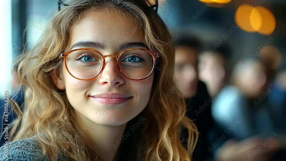 Young woman with glasses smiling in a busy caf? Young woman with glasses smiling in a busy caf?