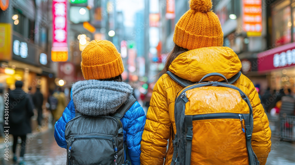Mother and child navigate a bustling city street with their belongings amid the challenges of migration Mother and child navigate a bustling city street with their belongings amid the challenges of migration