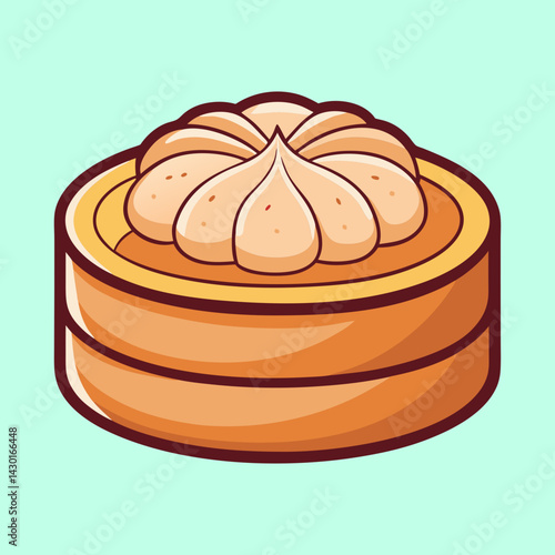 A charming illustration of a dim sum dumpling in a bamboo steamer