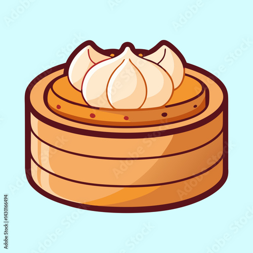 Delicious cartoon dim sum in a bamboo steamer basket illustration