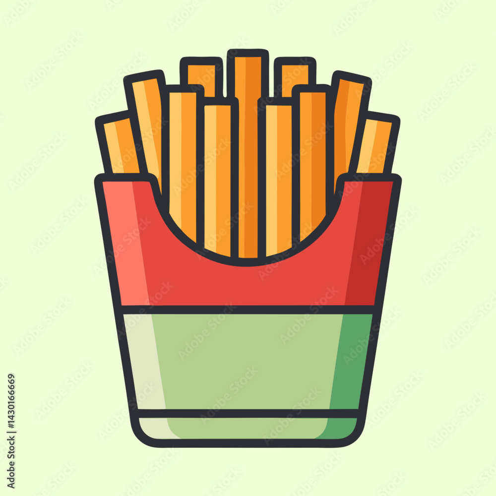 Stylized illustration of classic french fries in a vibrant carton box Stylized illustration of classic french fries in a vibrant carton box