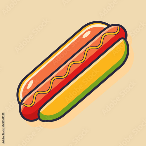 Stylized Hot Dog Illustration with Mustard on Tan Background Ready to Eat