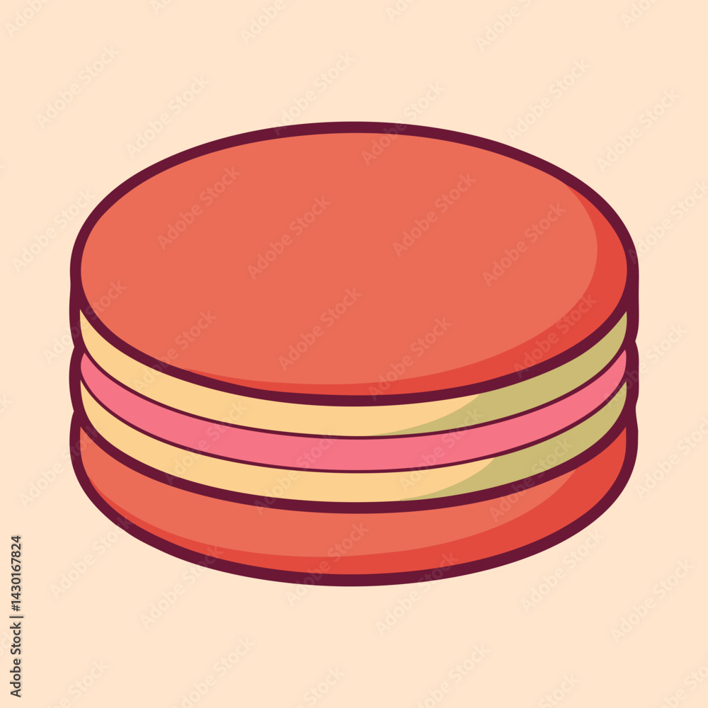 Stylized strawberry macaroon illustration, simple dessert drawing with creamy filling and pink background Stylized strawberry macaroon illustration, simple dessert drawing with creamy filling and pink background