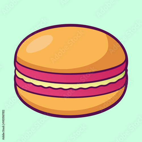 Cute cartoon illustration of a single orange and pink macaron dessert