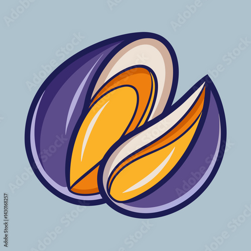 Stylized mussels with orange flesh, dark purple shells, and light blue background