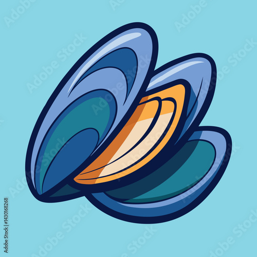 Stylized image of opened mussel with blue shell and golden interior design