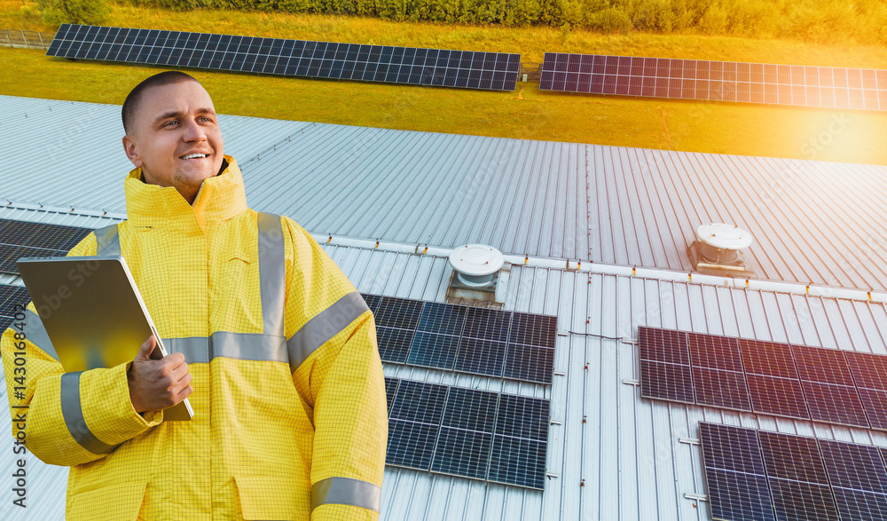 Engineer inspecting solar panels on roof