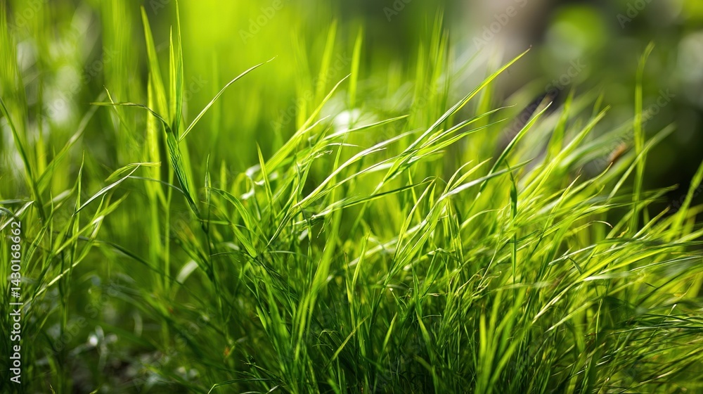 Fototapeta premium Close-Up of Vibrant Green Grass Texture with Soft Focus Background, Natural Sunlight, Abstract Nature Detail, Showcasing Vitality and Natural Plant Texture for Nature and Botanical Themes