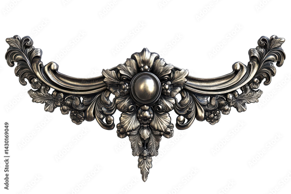 Obraz premium Elegant silver rococo style ornament intricate floral details central jewel toned accent isolated on black background perfect for design on transparent background