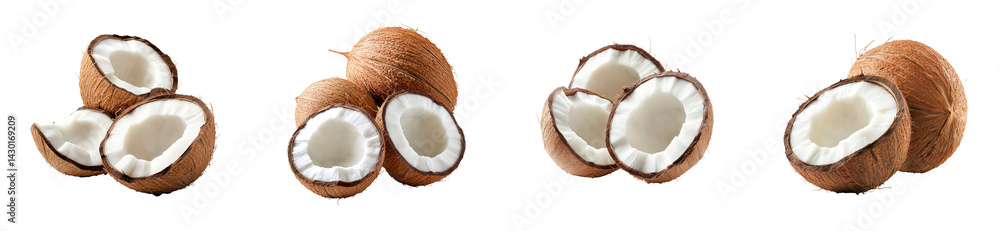 Fresh coconut halves arranged on a transparent background Fresh coconut halves arranged on a transparent background