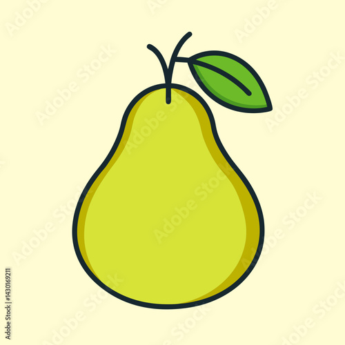Stylized vector pear illustration with a green leaf on a light background