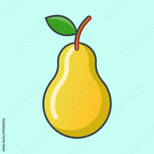 Illustration of a ripe yellow pear with a green leaf isolated