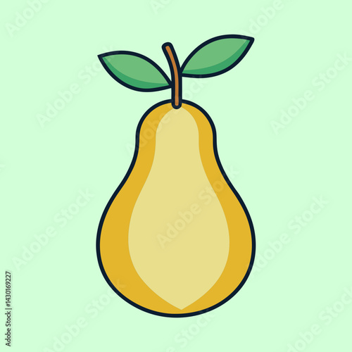 Stylized Yellow Pear with Green Leaves on a Light Green Background