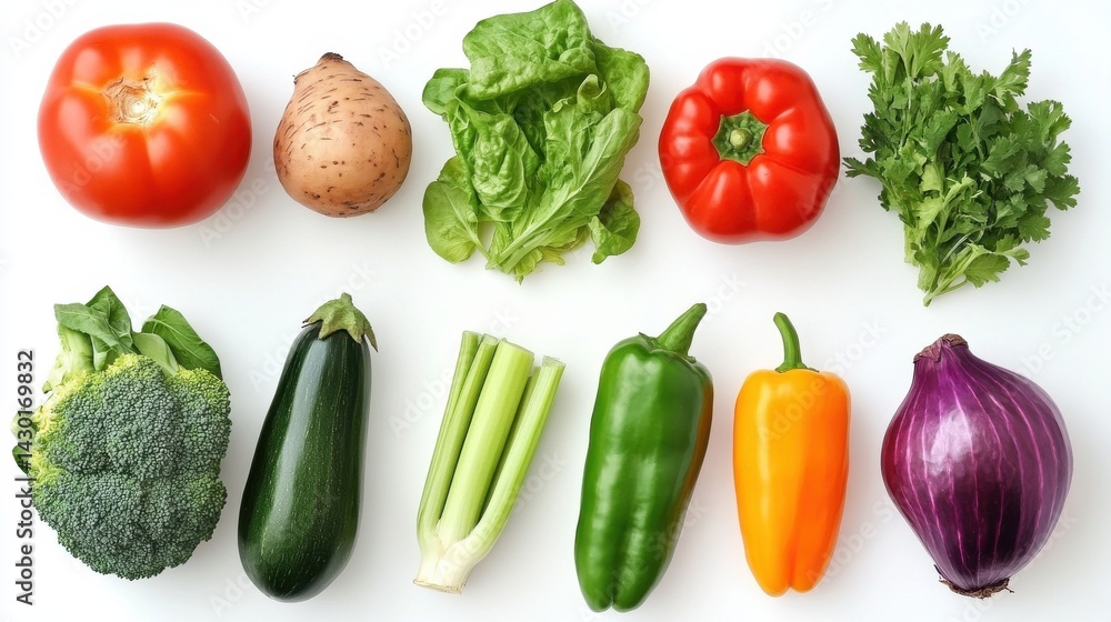 A variety of fresh vegetables including broccoli, parsley, orange bell pepper, eggplant, zucchini, yellow bell pepper, A variety of fresh vegetables including broccoli, parsley, orange bell pepper, eggplant, zucchini, yellow bell pepper,