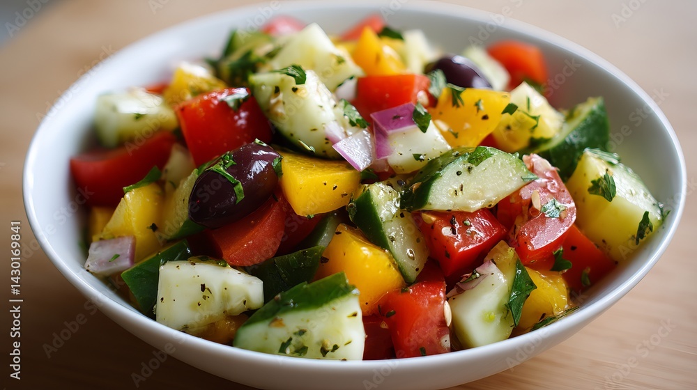 A close up shot of a colorful greek salad in a white bowl on a wooden surface with fresh ingredients A close up shot of a colorful greek salad in a white bowl on a wooden surface with fresh ingredients