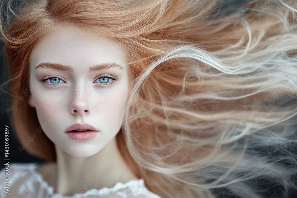 Naklejka premium Portrait of a young woman with flowing red hair and striking blue eyes against a dark background