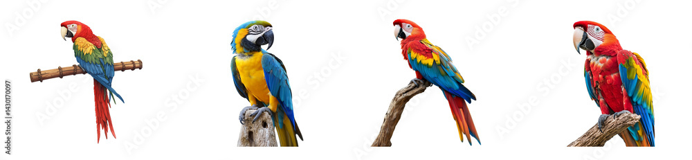 Naklejka premium Colorful parrots perched on branches with transparent background
