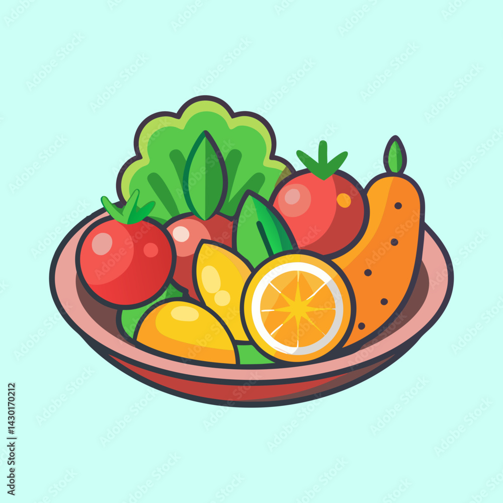 Naklejka premium Colorful and Appealing Cartoon Illustration of a Nutritious Fruit and Vegetable Salad