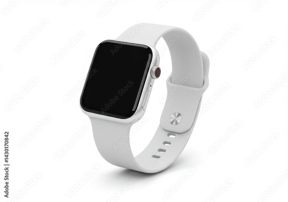 Close up of a white smartwatch with a black screen and a white band on a white background surface Close up of a white smartwatch with a black screen and a white band on a white background surface