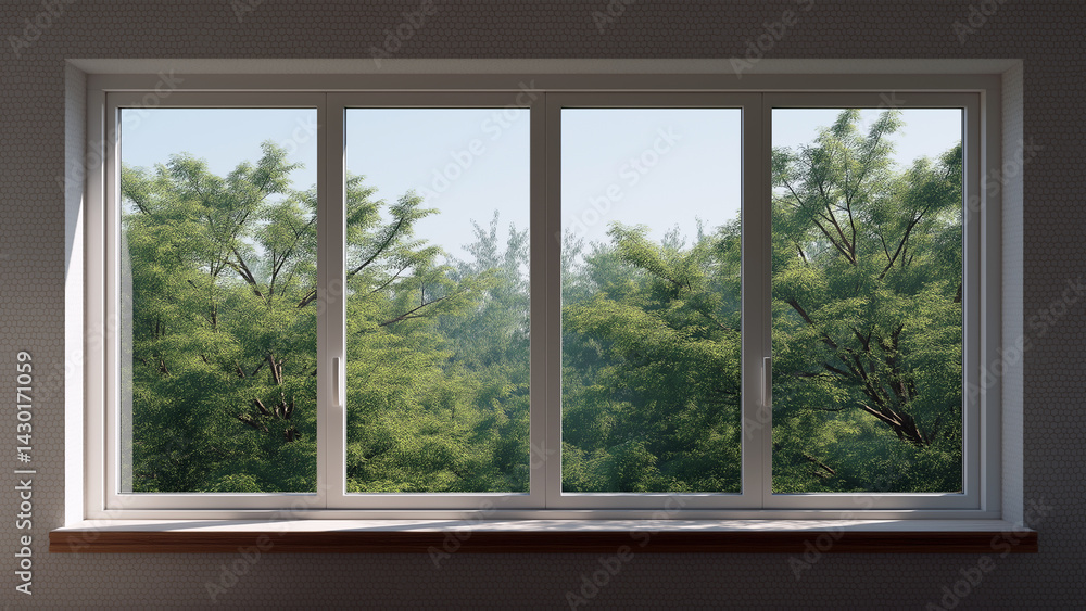 Fototapeta premium 4 white plastic windows on the wall view of trees outside through the windows