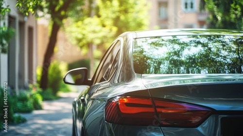 A gray sedan parked on a city street, bathed in sunlight.