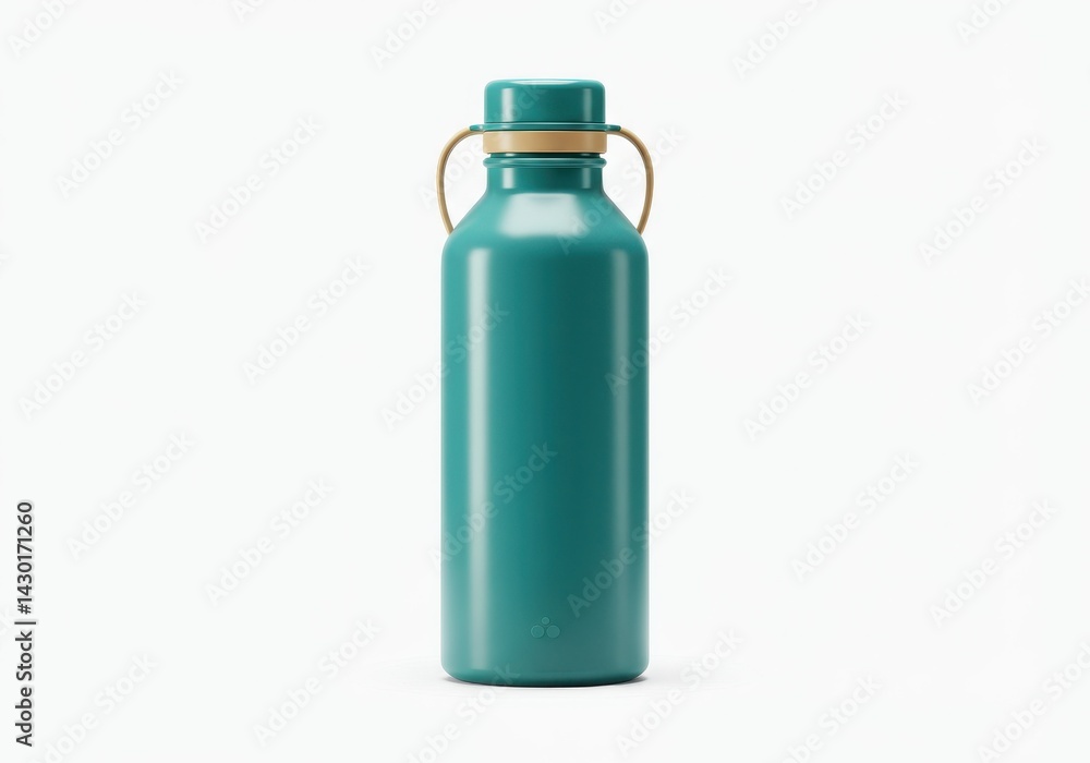 A teal water bottle with a tan cap and handle on a white background in a centered studio shot view A teal water bottle with a tan cap and handle on a white background in a centered studio shot view