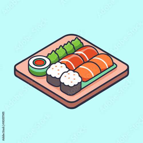 Isometric drawing of various sushi pieces on a wooden plate design