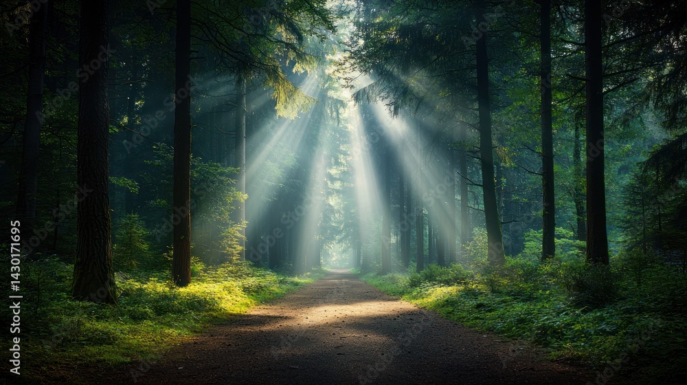Fototapeta premium Sunlight path in a misty forest