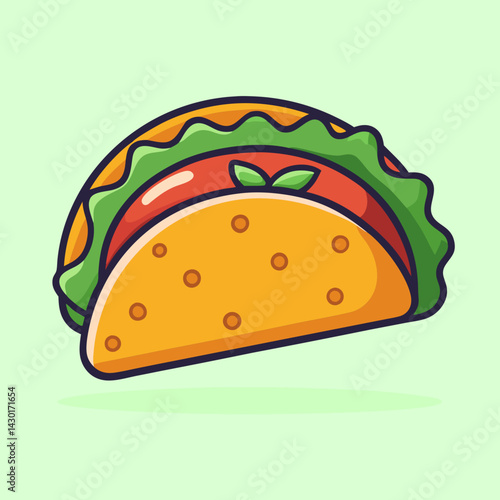 Cartoon taco illustration with lettuce, tomatoes, and shell dots, food
