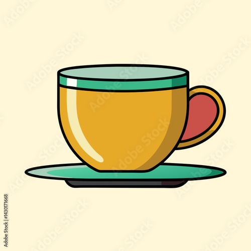Cartoon illustration of a cup with saucer in bold outlines and colors
