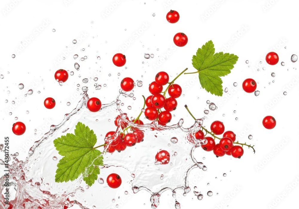 Red currants with green leaves suspended in air surrounded by water droplets on white background Red currants with green leaves suspended in air surrounded by water droplets on white background