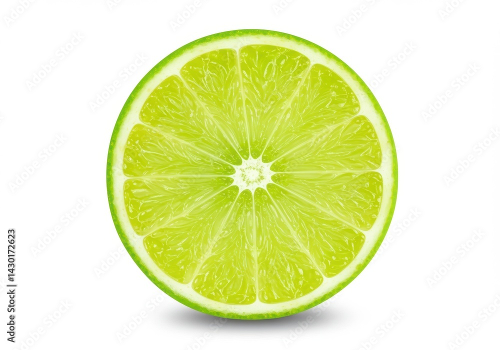 A vibrant cross section of a lime showcasing its juicy pulp and bright green rind on white background A vibrant cross section of a lime showcasing its juicy pulp and bright green rind on white background