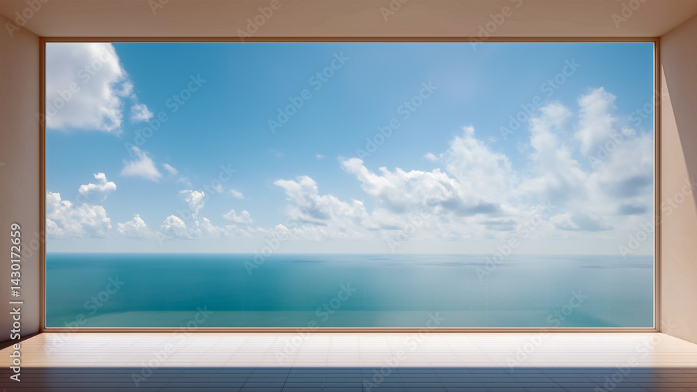 Obraz premium Panoramic view of ocean from an open window light blue sky white clouds minimalist soft lighting that highlights large glass windows