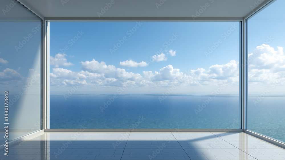Obraz premium Panoramic view of the ocean from an empty modern apartment with floor-to-ceiling windows blue sky and white clouds outside